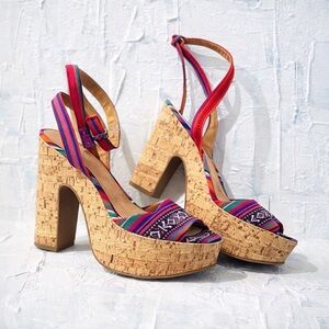 Steve Madden Cork Platform Heels with Colorful Woven Straps - 10